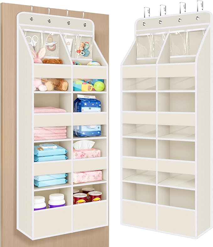 Univivi Upgraded Over the Door Organizer for Baby Nursery, Beige, 5-Shelf | Fabric Door Organizer with Clear Window Deep Pockets, Over Door Hanging Organizer for Baby Essential, Bedroom, and Dorm