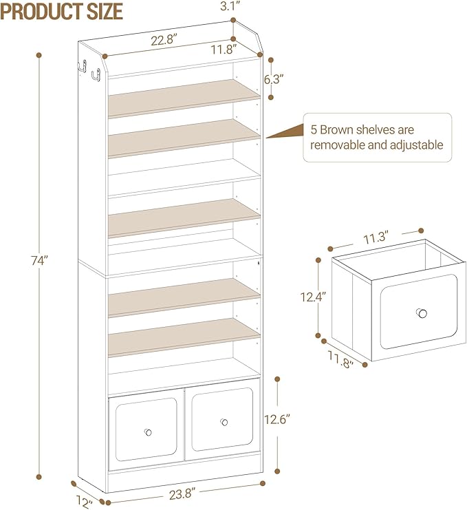 Hzuaneri Shoe Storage Cabinet, 10 Tiers Shoe Cabinet with 2 Cloth Drawers, Wooden Freestanding Shoes Organizer with 2 Hooks, 30-35 Pairs, Shoes Cubby Organizer for Entryway, White SR56303MI | Wooden Freestanding Shoes Cabinet with 2 Hooks, 30-35 Pairs,...