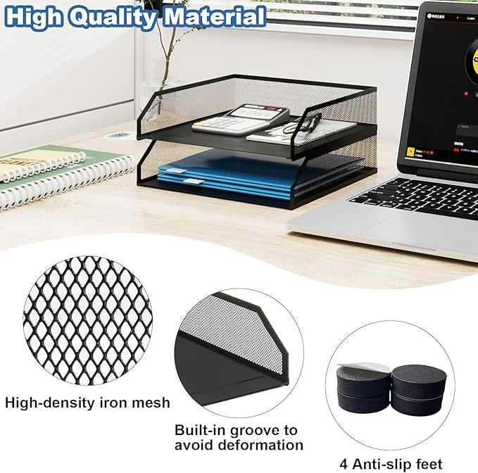 Natwind 2-Tier Stackable Metal Mesh Paper Organizer with Sliding Tray,Black | Desk Organizer for Office Supplies, Letter Tray For Desktop,File Holder For Home School Classroom Organization