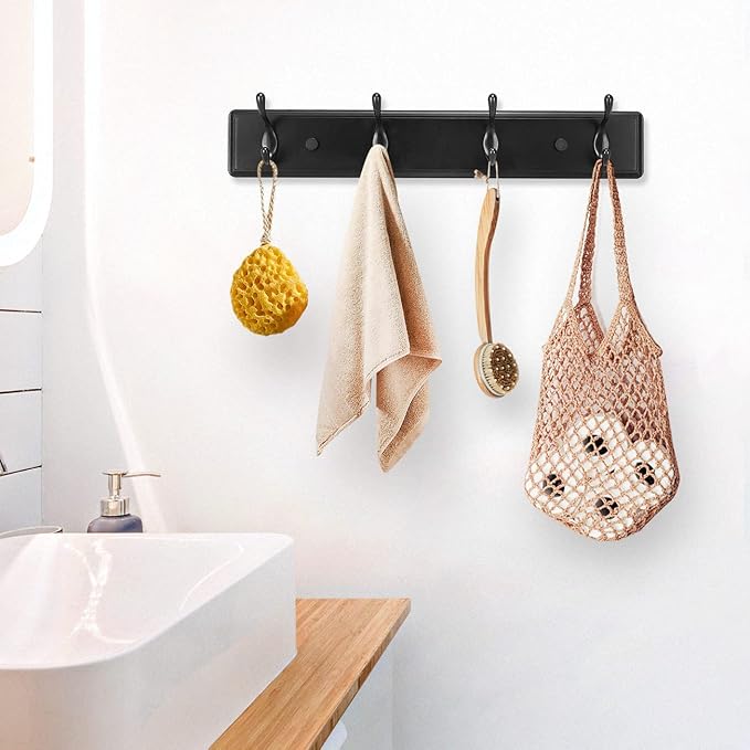 Badiano Wooden Coat Rack, Wall-Mounted Organizer for Closet, Entryway, Hallway, Foyer, Bedroom, Heavy Duty Double Hooks for Hanging Towels, Bags, Hats, Jackets, Key (Black, 4 Hooks)
