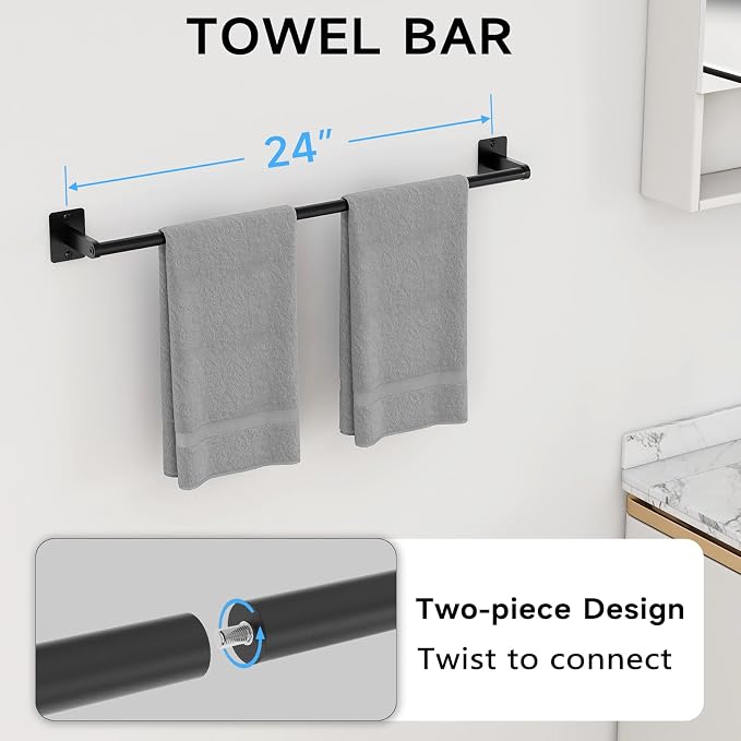 KLJKPA 20-Piece Bathroom Accessories Set, 24 inch Towel Bar | Black Bathroom Hardware Set, Towel Racks for Bathroom, Robe Towel Hooks, Toilet Paper Holder Wall Mounted