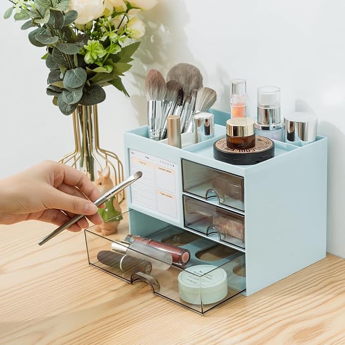 QIYVLOS Desk Organizer with 3 Drawer, Multi-Functional Pencil Pen Holder for Desk, Desk Organizers and Storage with 8 Compartments, Desktop Organizer for Office Home Art Supplies (Blue)