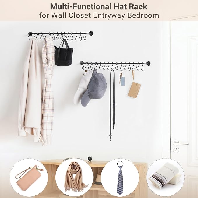 Mkono Hat Organizer Hat Rack for Wall Storage Holder with 30 Hooks Set of 2 | Hanging for 30 Caps, Adjustable Hooks, Space-Saving, Holds Baseball Scarves Belts Bags, Closet Door Bedroom Entryroom Laundry