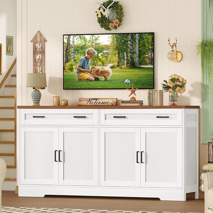 usikey 63" Buffet Cabinet with Storage, Large Sideboard Buffet Cabinet with 2 Adjustable Shelves and 4 Doors, Modern Farmhouse Coffee Bar for Kitchen, Living Room, White