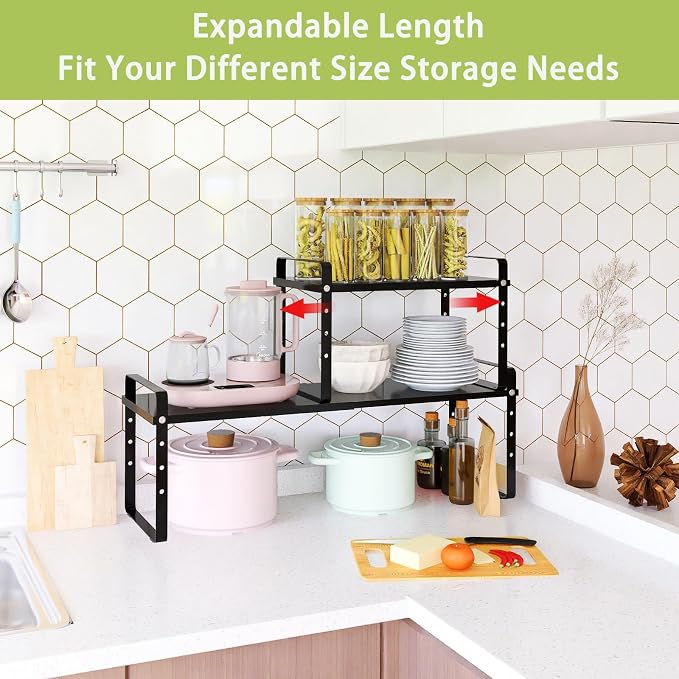 Across-Star Expandable Cabinet Shelf Organizer Rack, Stackable Kitchen Counter Storage Shelves Stand, Adjustable Height Pantry Shelf Spice Rack