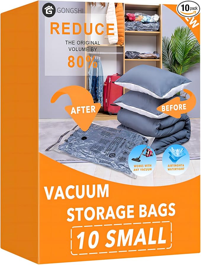GONGSHI Vacuum Storage Bags, Space Saver Seal Bags For Clothing, Travel Luggage,Blankets, Comforters, Pillows, Clothes Storage.10 Small