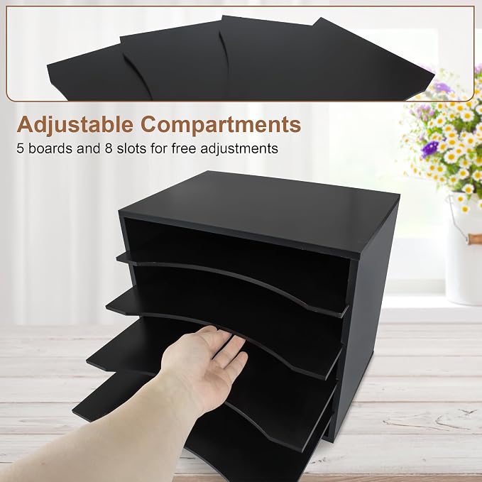 EMERIT 4-Tier Adjustable Paper Organizer, Large Capacity Book Shelf for Textbooks/Magazines/Office Files, Wooden Dividers, 7 lbs per Shelf, Black