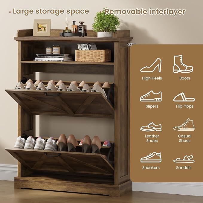 Farmhouse Shoe Cabinet with 2 Flip Drawers & Open Storage ,31.5" W Walnut | Freestanding shoe cabinet with flip drawers ,Brown design and space-saving storage for entryway,foyer & hallway