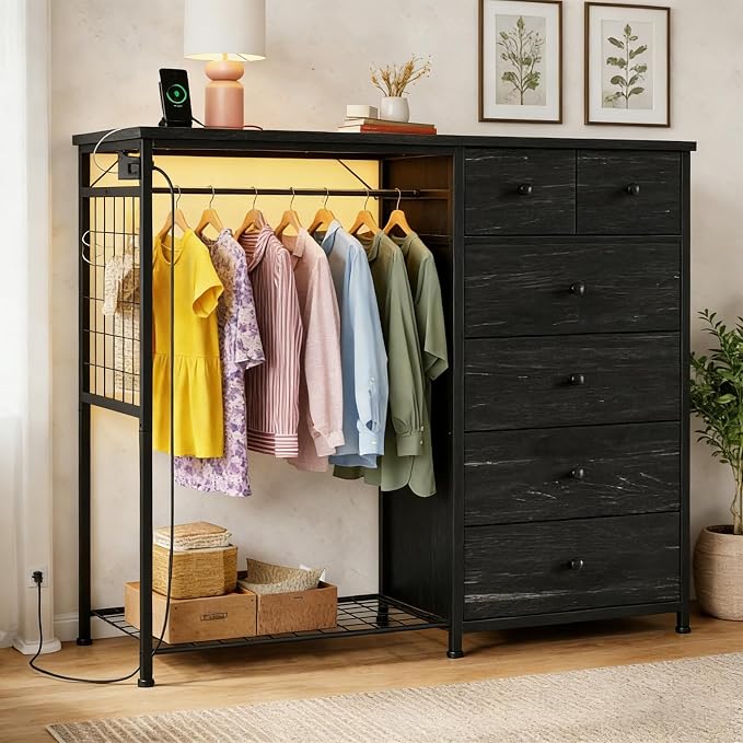 Simple Deluxe Storage Clothes Rack with 6 Drawers, Charging Station & LED Lights, Fabric Chest Shelves Clothing Rack, Wooden Portable Wardrobe Closet, 49.2" W x 15.7" D x 47.2" H, Black