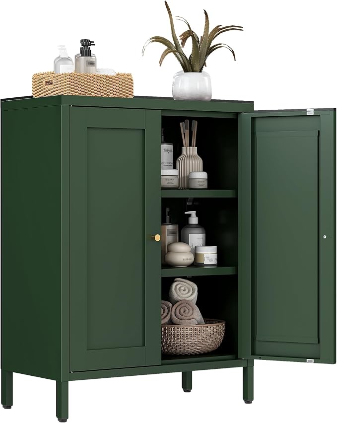 Bevivog Small Bathroom Storage Cabinet, Green Metal Locker Cabinet with 2 Doors and 2 Adjustable Shelves, Metal Floor Cabinets Sideboard for Home Office, Living Room, Hallway, Entryway