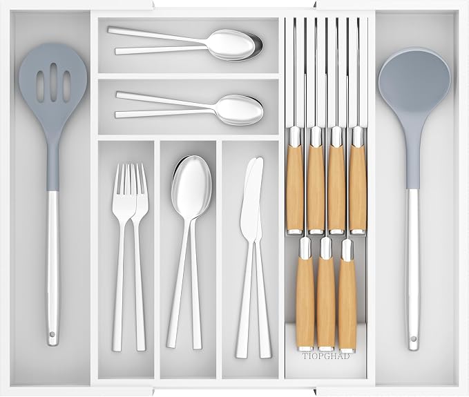 Expandable Bamboo Silverware Drawer Organizer Kitchen Tray, White | Removable Knife Block, Holds 7 Knives, Adjustable Dividers, 12.6-21.45 x 16.3 x 2.13 in, Drawer Insert for Utensils, Forks