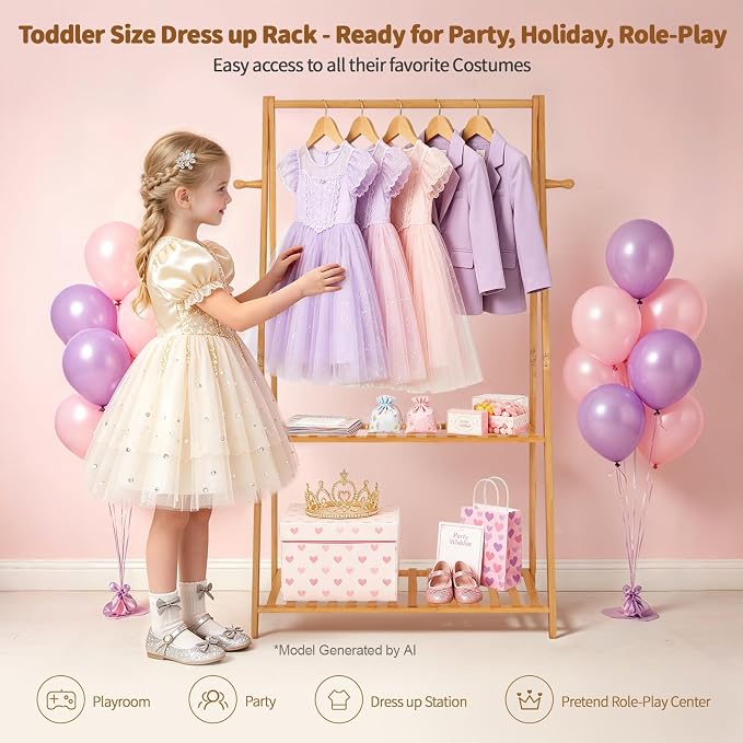 Kids Clothing Rack Small Baby Clothes Racks Bamboo Garment Rack 50"H | Wooden Short Mini Dress Up Costume Rack with Shelves for Hanging Clothes, Nursey Toddler Shower Children Clothes Hanger Rack