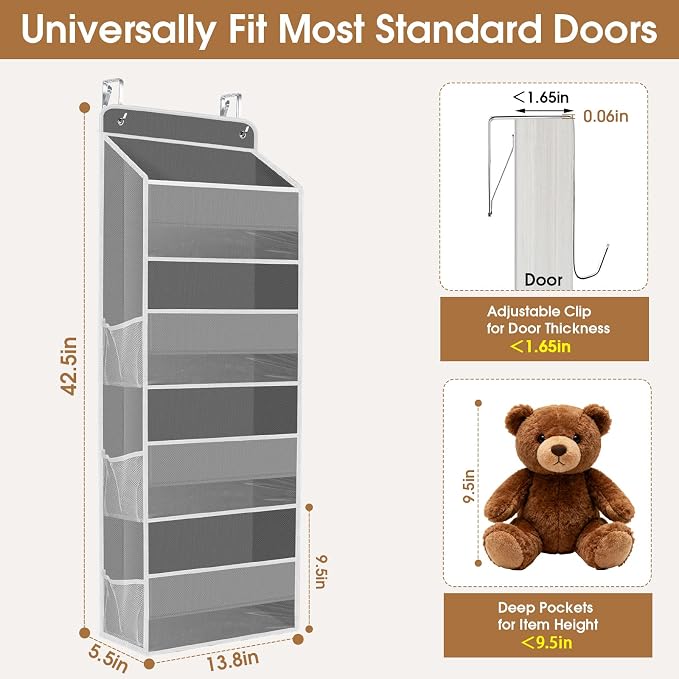 Over The Door Organizer Storage behind Door Hanging Organizer for Nursery | 4 Tier, 6 Side Pockets, Clear Window, Sturdy Construction, Space-Saving Storage for Closet, Bedroom, Bathroom & Nursery
