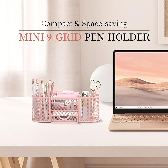 Mesh Desk Organizer, Desk Organizers and Accessories, Pen Holder with Drawers, Pencil Holder for Desk with 2 Drawer for Office Supplies, Pink