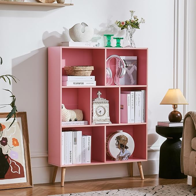 LEYAOYAO Cube Bookshelf, Mid-Century Modern Book Shelf with Legs,Light Pink | 3 Tier Bookcase, Rustic Wood Bookshelves Freestanding Small Storage Organizer, Open Shelves for Bedroom, Living Room, Office