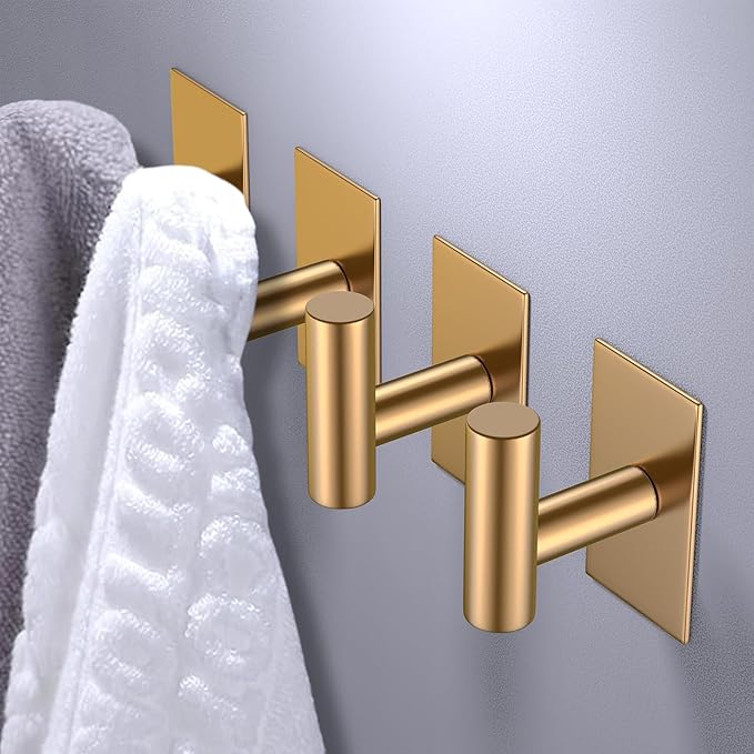 VAEHOLD Wall Towel Hooks, Heavy Duty Sticky Holder Waterproof Towel Hooks for Hanging Coat, Clothes, Closet Hook Wall Mount for Kitchen (Gold, 6 Pack)