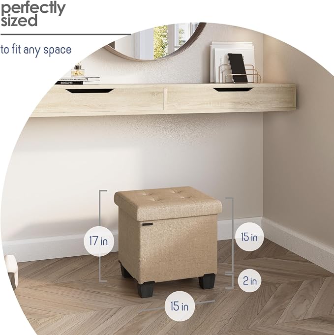 Storage Ottoman Cube with Small Bin, 15-in Square Ottoman with Storage for Living Room and Bedroom, Small Ottomans Foot Rest, Fabric Foot Stools Ottomans Max 330lbs, Taupe