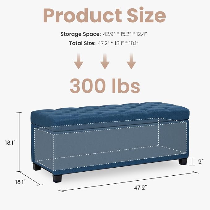Living&Giving Storage Ottoman Bench for Bedroom, 47.2", Navy Blue | 47.2-inch storage ottoman with safety hinge, tufted upholstered seat and spacious hidden storage for everyday organization.
