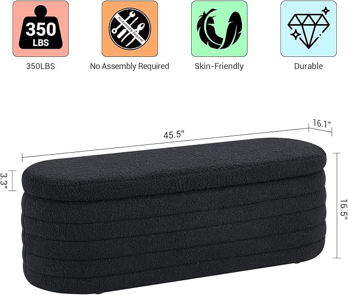 45.5" Black Ottoman with Storage, Sherpa | Upholstered Oval Design, Safety Hinge Lid, end of bed storage bench, Bedroom & Living Room, Entryway
