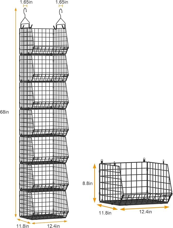 X-cosrack 7 Tier Foldable Hanging Closet Organizer and Storage,Wire Closet Shelving with 4 Large Hooks+ 5 S Hooks,Hanging Basket for Clothes Sweaters Shoes Handbags,Small Closet Organizers