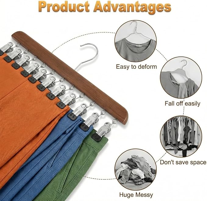 Closet Organizer with 10 Clips, 2PCS Space Saving Hanging Closet Organizer, Space-Saving Hat Scarf Clothespins for Jeans Skirts Socks Leggings Wooden Pant Hangers with Clips(Vintage+Wood)
