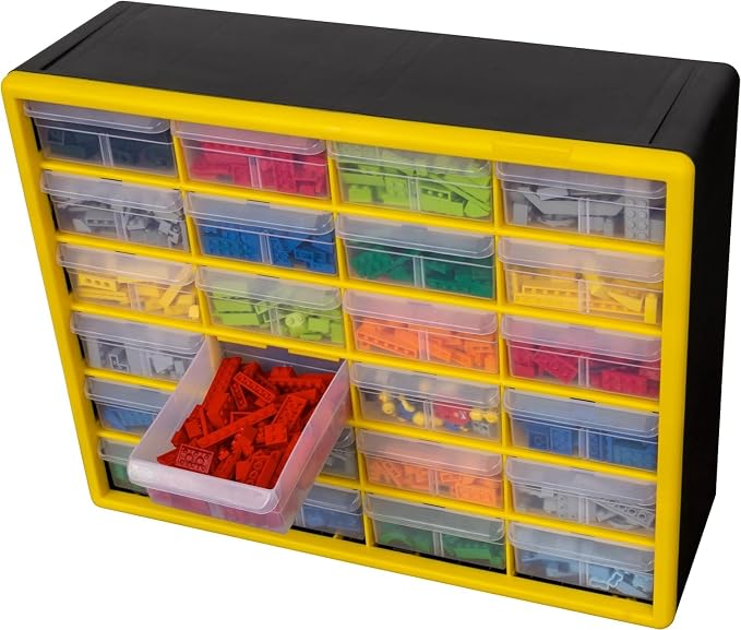 Akro-Mils 24-Drawer Plastic Storage Cabinet, 20"W x 6"D x 16"H, Yellow | Plastic Cabinet w/ Drawers for Garage Organization, Beads, Building Bricks Storage, Teacher Toolbox, Makeup Organizer, 10124
