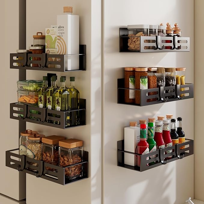 SETBAOO 6 Pack Magnetic Spice Rack for Refrigerator Set, Black Magnetic Shelf and Fridge Kitchen Cabinet Organizers Storage Seasoning Organization Mini Shelves.