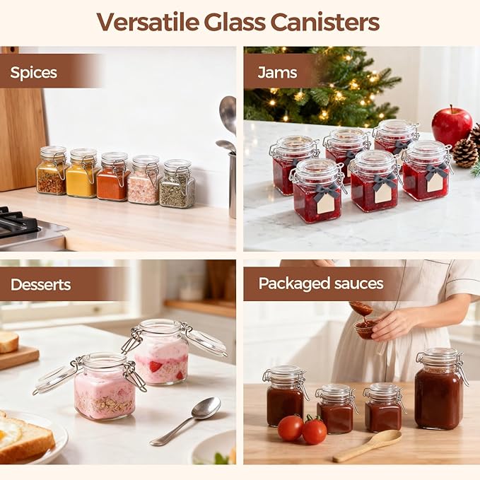 ComSaf Square Small Glass Spice Jars with Airtight Lids 4 oz 12 Pack Pantry | Honey herbs, Farmhouse pantry organization, Mini favor jars, Labels included, Funnel included, Kitchen storage, Snacks