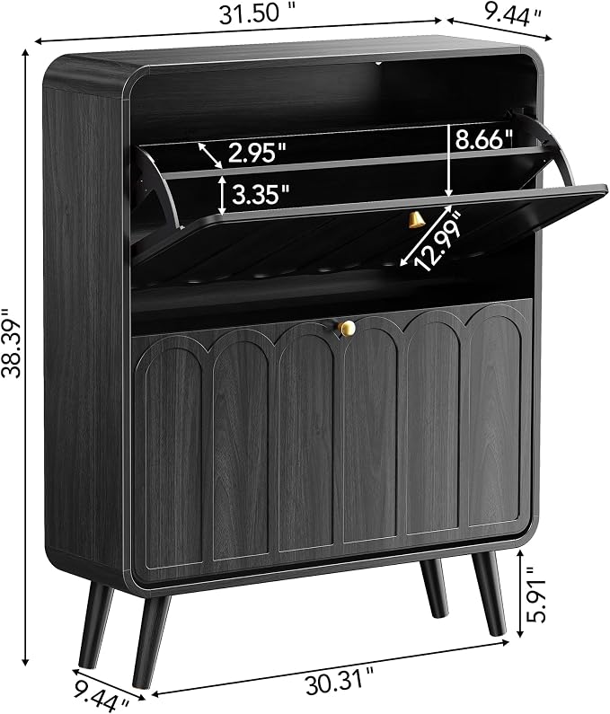 Decofy Shoe Cabinet with 2 Flip Drawers, Expanded Panel for Long Footwear, Freestanding Shoe Storage Cabinet with 3-Gear Adjustable Shelves, Narrow Shoe Cabinets for Entryway, Solid Wood Legs, Balck | 31.5''W; Wider Panel; 2 Flip-Down Drawers; Adjustab...