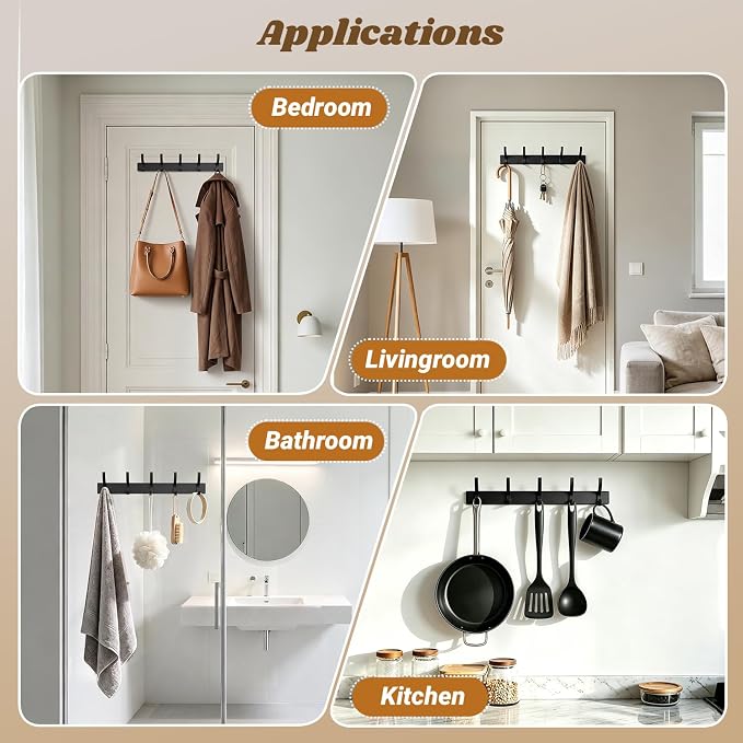 MIAOW Over The Door Hooks, Strong Adhesive Hanger Shower Towel Racks Black | 10 Coat Hook for Shower Bathroom, Detachable Adhesive Hook Not Damage Door, Save Space|No Noisy, Adjustable Height for All