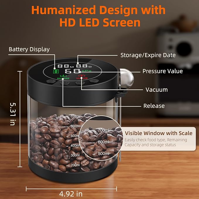 Automatic Vacuum Coffee Canister, 0.8L Coffee Container with LED Display | Smart Pressure Sensor,Window,Scoop Rechargeable Airtight Electric Coffee Bean Storage for Home Kitchen Ground Food Storage