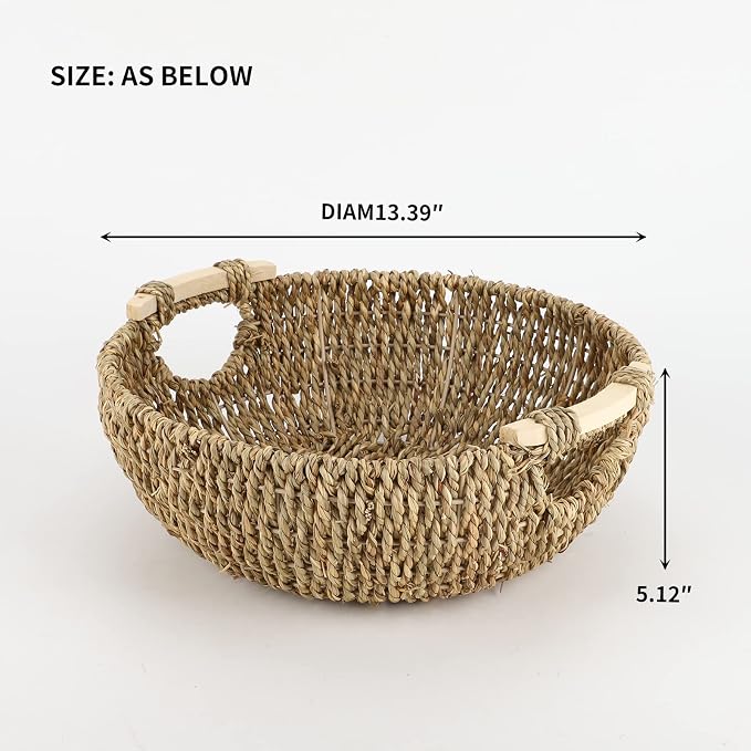 13.39" Seagrass Woven Round Basket with Wooden Handles, Handwoven Bread Basket & Fruit Bowl for Kitchen Counter, Natural Wicker Storage Basket for Bread, Vegetables, Household Organizing