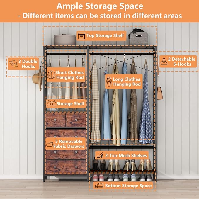 Heavy Duty Clothing Rack with 5 Drawers & 4 Storage Shelves, 2 Hanging Rods | 70.9Hx59.1W Clothing Rack, Wardrobe Closet Racks with 5 Hooks, Freestanding Garment Racks (Rustic Brown)