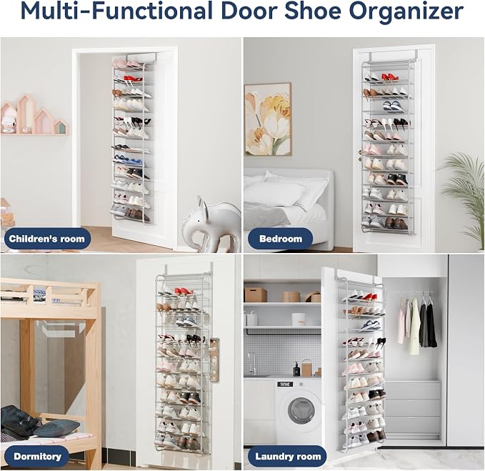 Whitmor 36 Pair Over The Door Shoe Organizer, 12 Tier Hanging Shoe Organizer, Heavy Duty Metal & Mesh Shoe Holder, Hanging Shoe Rack for Closet Organizer & Storage, 74"H x 21.7"W x 7.5"D, Grey