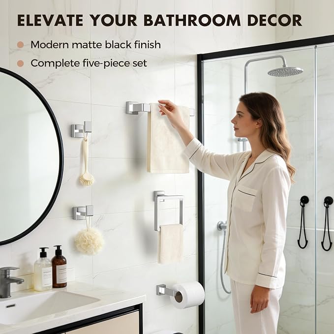 5-Pieces Brushed Nickel Bathroom Accessories Set, 16 Inch Towel Bar Set | Stainless Steel, Towel Ring, Toilet Paper Holder, Robe Hooks, Towel Racks for Bathroom Wall Mounted, Bathroom Hardware Set