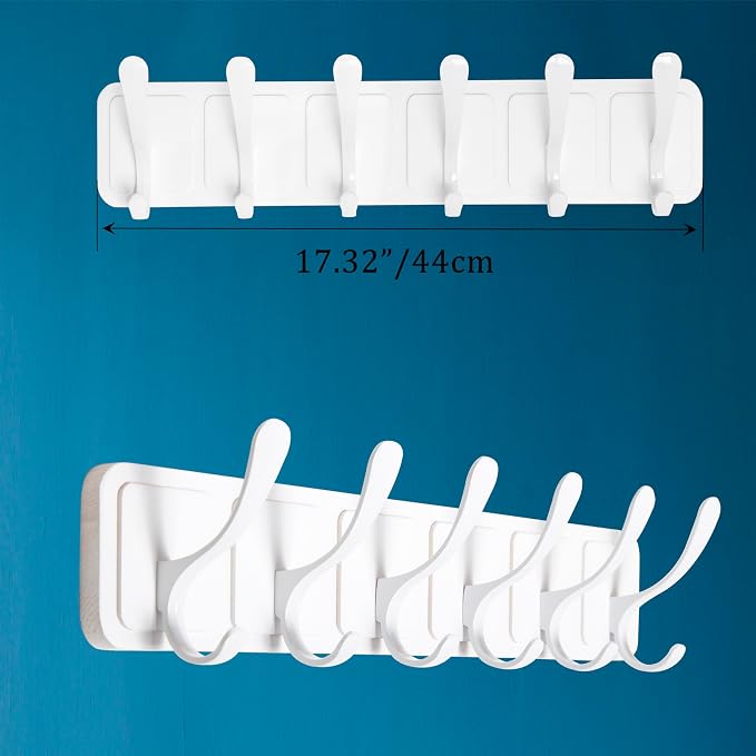 SKOLOO Coat Rack Wall Mount - Scandi-Style Wooden Carved-Block Coat Hook, Wall Coat Hanger with 6 Hooks for Hanging Coats, Hats, Clothing, Scarfs, White