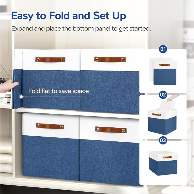 Patvingot 13-Inch Linen Storage Cubes with Labels and PU Handles,6 Pack | Roomy storage for blankets, sweaters and towels, reinforced bottom, contents stay easy to identify, folds flat when empty