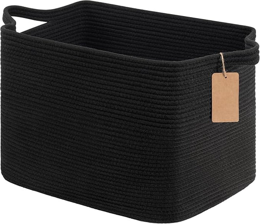 Goodpick Large Rectangle Cotton Rope Basket with Handles, Black | 50L, 18 × 14 × 12 in, Soft Woven, Blankets, Toys & Home Essentials Storage, Living Room, Bedroom & Nursery Organization
