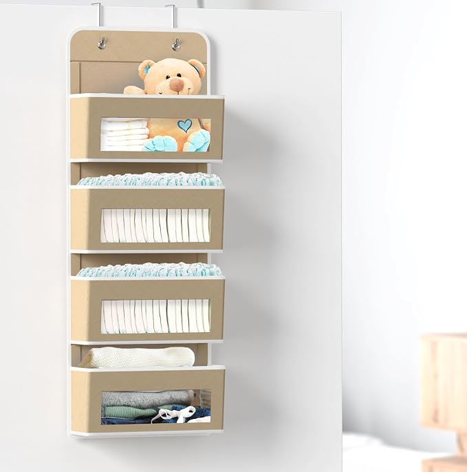 Simple Houseware 4 Clear Window Pocket Over Door Hanging Organizer, Beige | Over the Door Storage for Closet, Bedroom, Bathroom, Pantry