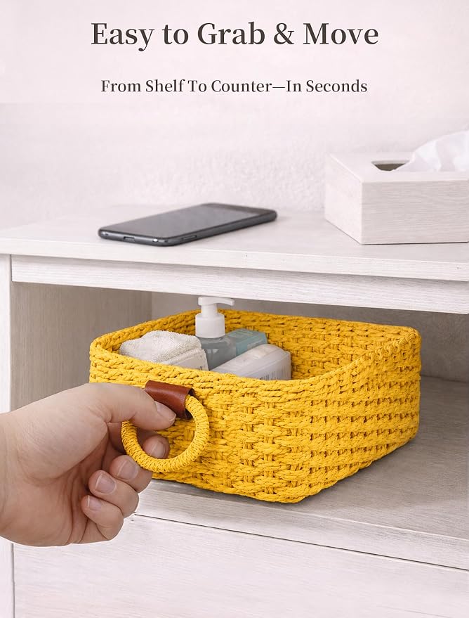 Small Wicker Baskets, 3 PCS Paper Rope Baskets for Shelves, Yellow | Recycled Small Baskets, 3 Sizes Woven Baskets for Organizing, Decorative Storage Baskets for Bedroom and Bathroom
