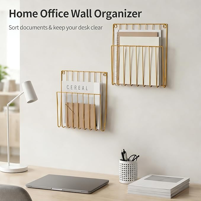 2 Pack Minimalist U-Shaped Wall Magazine Holder, Metal Wall Mounted File Organizer, No Drill Hanging Paper Mail Folder Rack for Home Office Document Magazine Storage