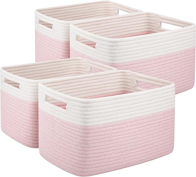 OIAHOMY 4 Pack Storage Basket, 13"x9"x7.8" Cotton Rope Baskets for Shelves, Closet Organizer for Bedroom & Living Room, Soft Decorative Bins for Organizing Towels, Books & Toys, Pink & White