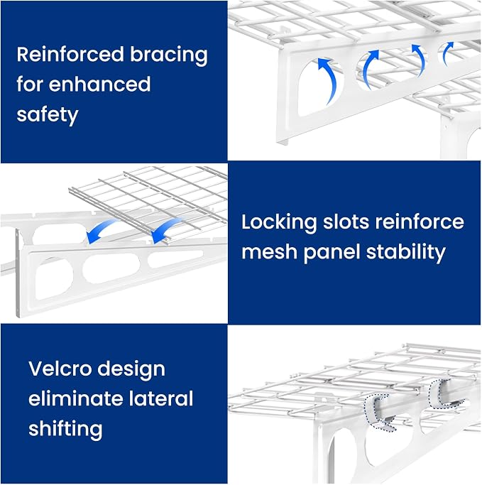 FLEXIMOUNTS 2-Pack 2x4ft Garage Shelving with Hooks, 600lbs Load, White | 24-inch-by-48-inch Wall Shelf Garage Storage Racks Floating Shelves, Rustproof Seamless Grid Design, Classic Series