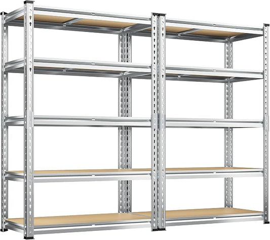 REIBII Garage Shelving, 5 Tier Storage Shelves Load 2400LBS, Adjustable Garage Shelving Heavy Duty, Metal Shelves Unit with Waterproof Columns, 35.5" W x 11.9" D x 72" H, Galvanized, 2 Pack