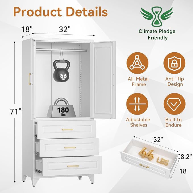 Polup 71" White Metal Armoire Wardrobe Closet with Doors and 3 Drawers | Freestanding Tall Steel Clothing Storage Cabinet, 180lbs Adjustable Shelves, Hanging Rod, for Bedroom, Office, Laundry