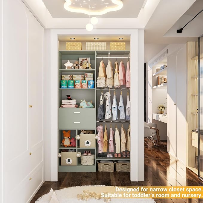 Small Closet System - 5FT Closet Organizer System with Wooden Drawers, 60 Inches Walk In Closet System With 5 Hanging Rods, Can Fit 1.58 to 6.8 FT with Reversible Hanging Shelving, Crab Green