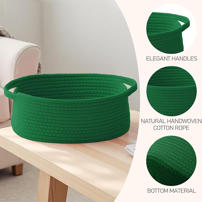 JMvicyroam Small Woven Basket, Empty Gift Basket, Green/1 Pack | Small Gift Basket, Cotton Rope, 12 x 8 x 18 in, Handles, Includes Ribbon and Bag, Birthday Gift Basket