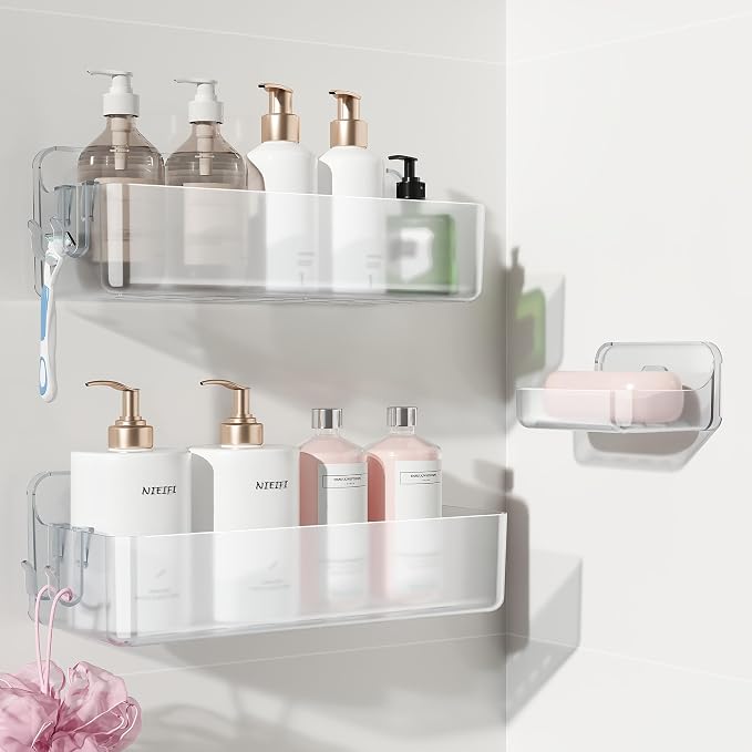 Nieifi Adhesive Shower Shelves, Clear, 3 Pieces | Rustproof ABS, Large Capacity, Removable Design, Easy-Clean, No Drilling Shower Organizer for Bathroom Storage & Home Decor