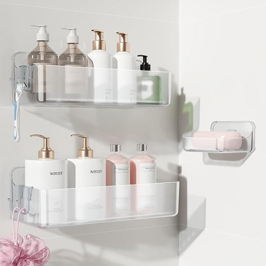 Nieifi Adhesive Shower Shelves, Clear, 3 Pieces | Rustproof ABS, Large Capacity, Removable Design, Easy-Clean, No Drilling Shower Organizer for Bathroom Storage & Home Decor