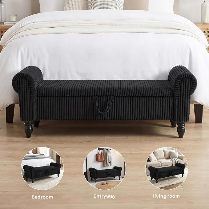 55" Corduroy Storage Ottoman Bench, Queen Bed, Black | End of Bed, Bedroom/Entryway/Closet, Window Seat, Lift-Top Storage, Tufted Button, Solid Wood Legs, for Queen & King